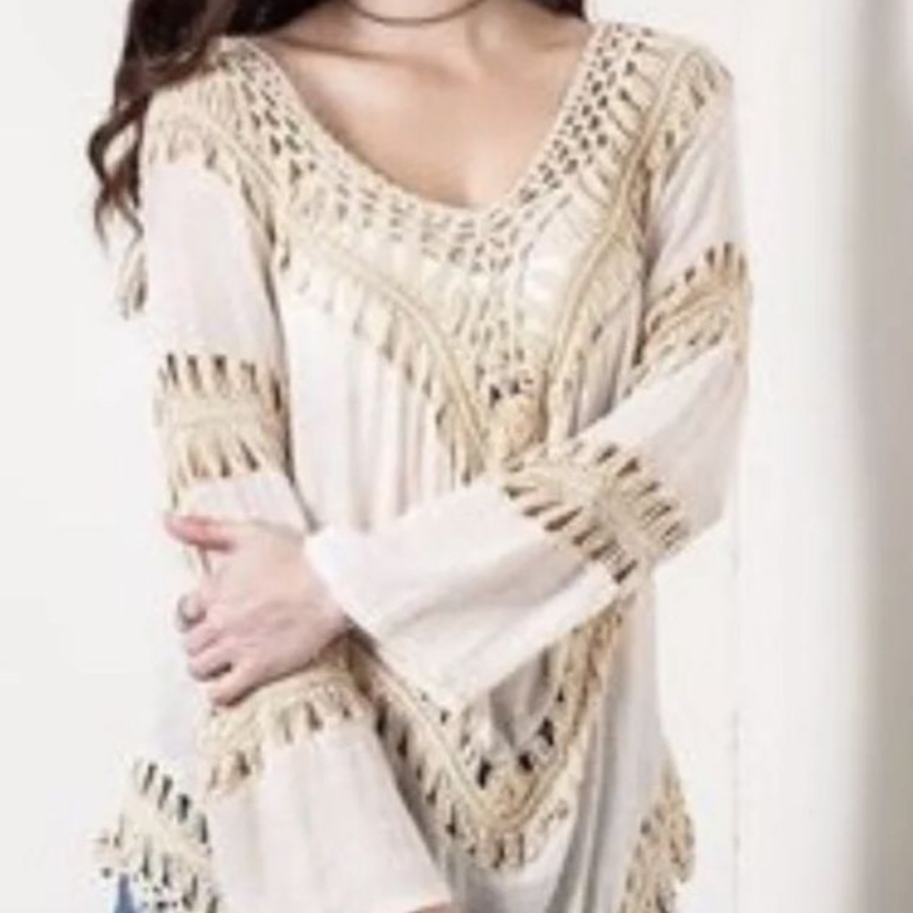 Umgee BoHo Bohemian Cream Crochet Shirt NWT - Picture 1 of 7